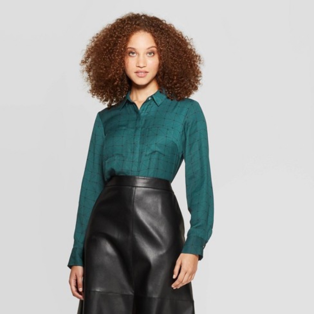 A New Day Geometric Print Blouse Green & Black L